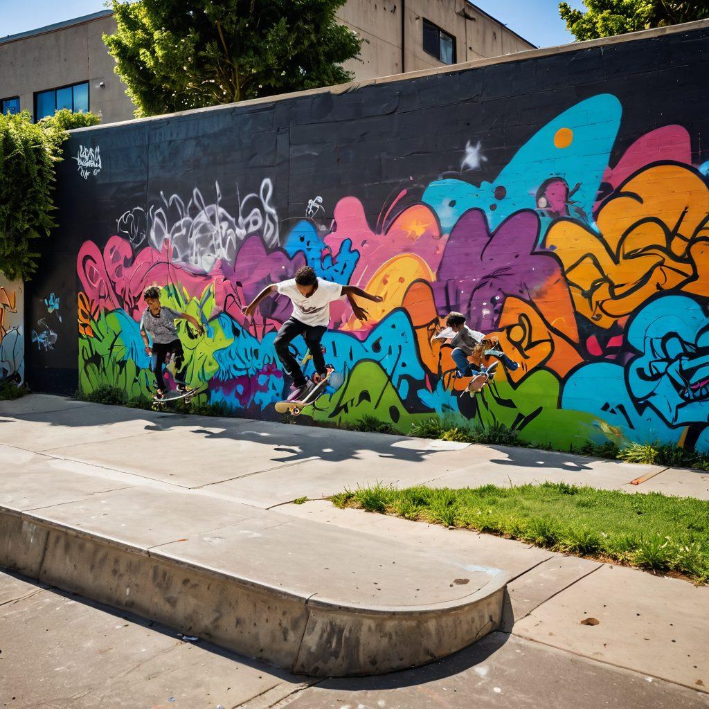 A vibrant urban scene showcasing a diverse group of skateboarders in motion, transitioning from a concrete pavement to a colorful playground filled with laughter and joy. The backdrop features graffiti art and lush greenery, symbolizing the connection between city life and play. Include elements like children playing, skateboards in mid-air, and smiling faces to evoke a sense of happiness and community. The overall atmosphere should be energetic and uplifting. vibrant colors. super-realistic.