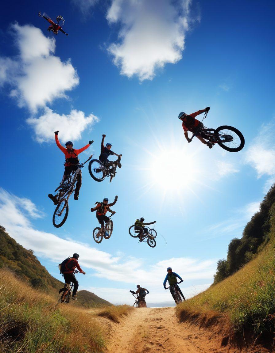 A vibrant scene showcasing a diverse group of adrenaline junkies engaged in various extreme sports like mountain biking, surfing, and skydiving, all with joyful expressions. The background features a bright blue sky and stunning landscapes, symbolizing freedom and exhilaration. Include colorful gear and accessories to enhance the sense of adventure and happiness. The overall composition should evoke a feeling of joy and vitality. super-realistic. vibrant colors.