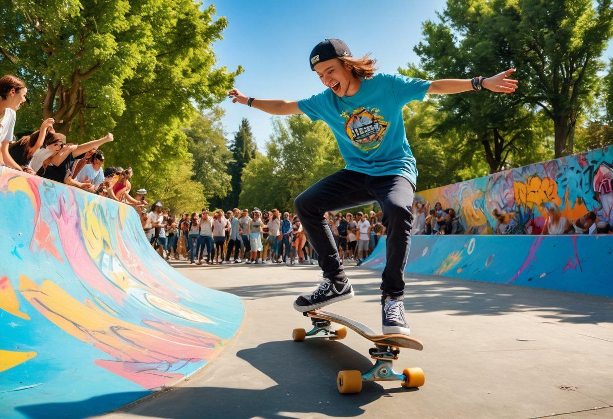 A vibrant scene of joyful skateboarders performing tricks in a sunny urban skate park, surrounded by colorful graffiti art and cheering spectators. Include elements of nature like trees and blue skies to emphasize happiness and freedom, with facial expressions showcasing pure joy. Capture the dynamic movement of skaters and the cheerful atmosphere. super-realistic. vibrant colors. dynamic composition.